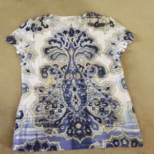 ZENERGY by CHICO’S Blue White Tan With Rhinestones Short Sleeve T-shirt Size 0